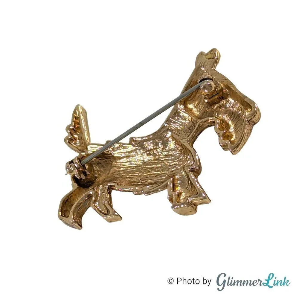 Vintage Scottish Terrier Clear Rhinestone Gold Tone Textured Brooch Pin